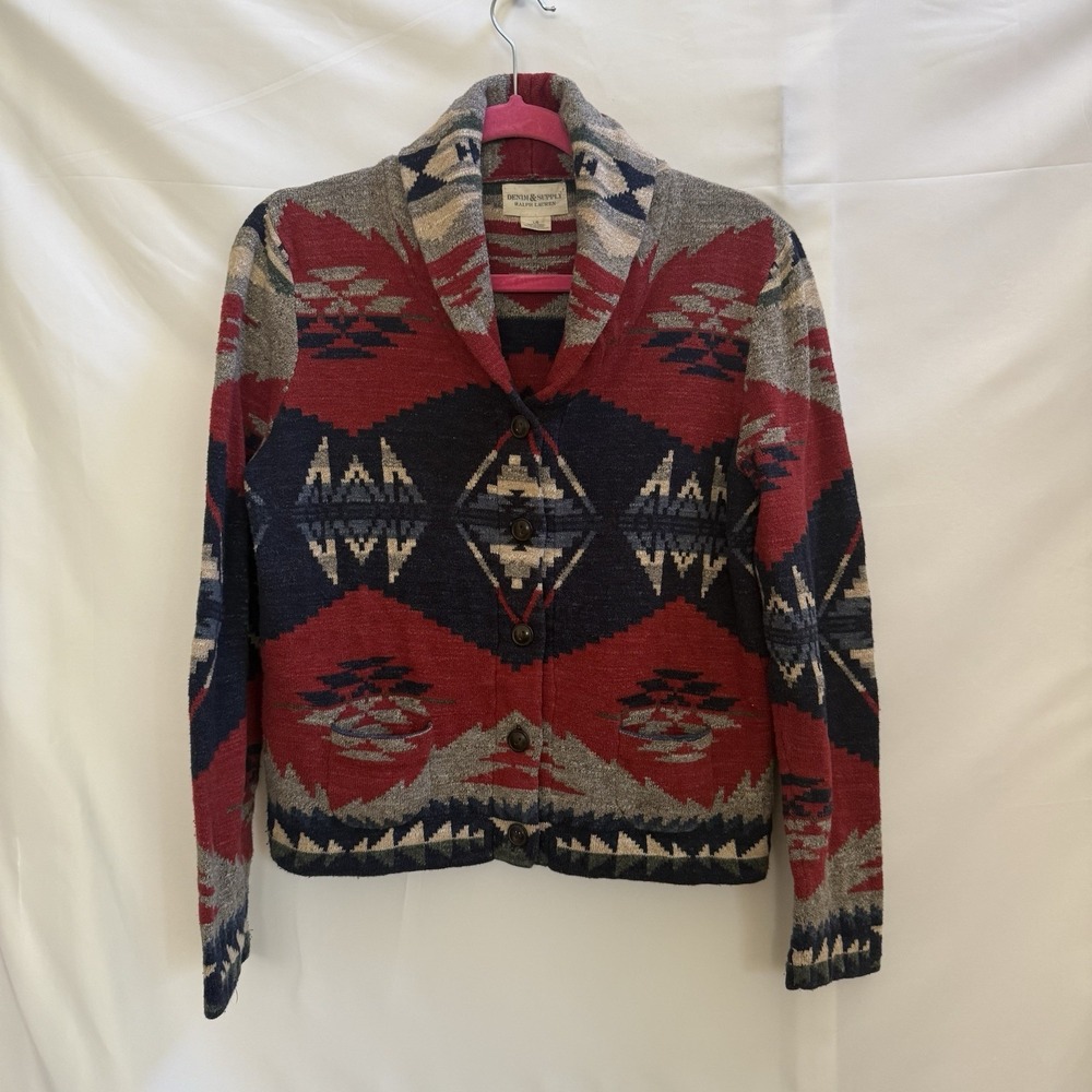 Ralph Lauren Denim Supply Southwestern Aztec Cotton Button Sweater Cardigan L